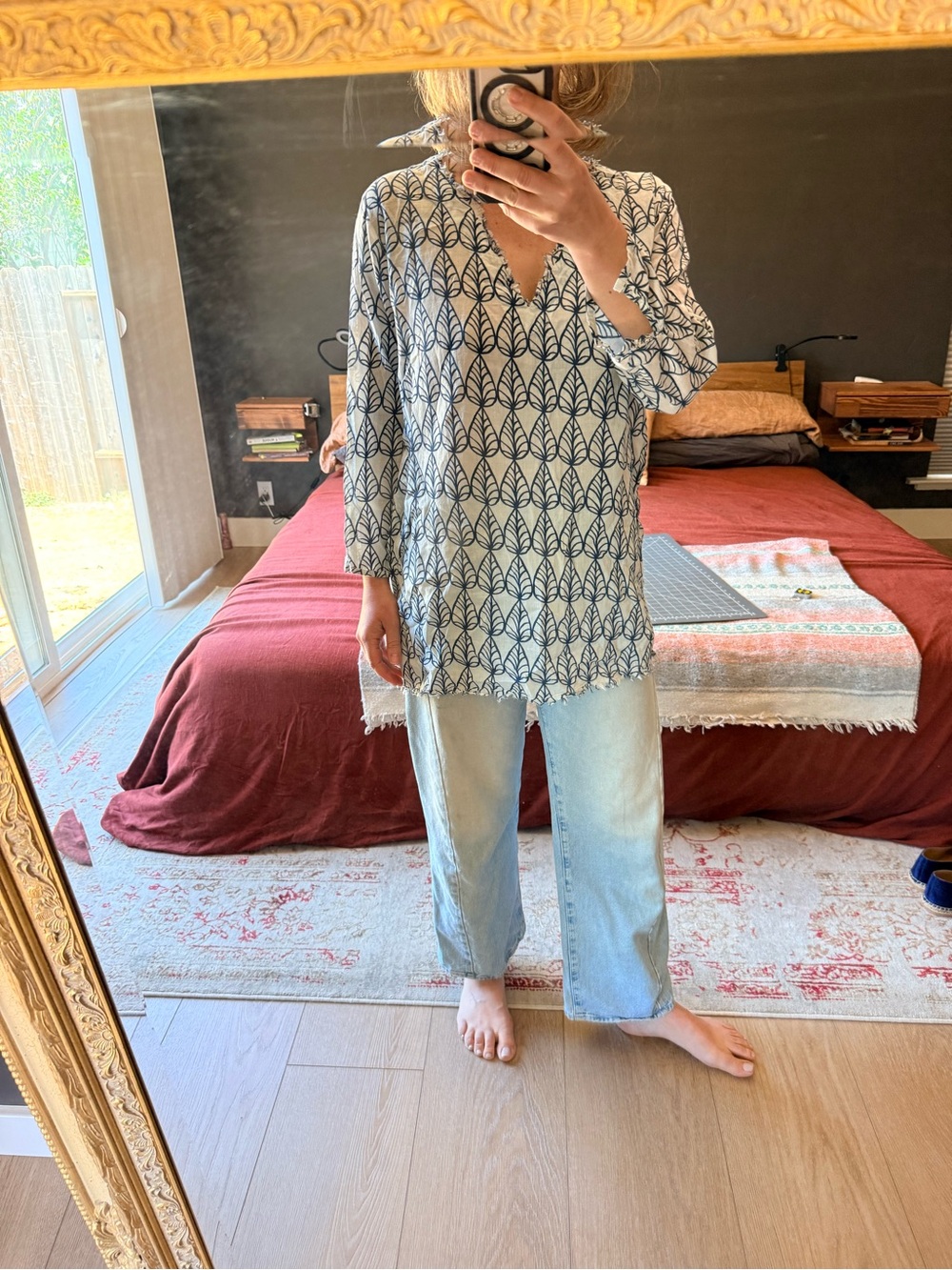 Blue Leaf-Print V-Neck Tunic Top